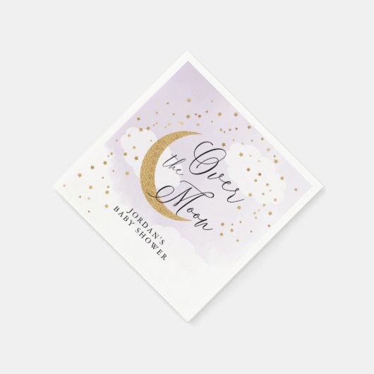 Über dem Mond Gold Lila Babydusche Personalisiert Serviette (Ecke)