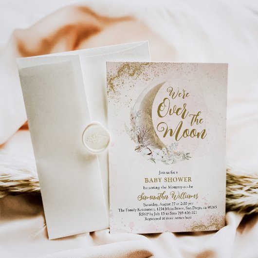 Über dem Mond Gold Pink Baby Girl Dusche Einladung