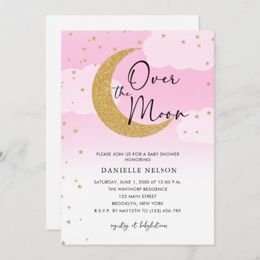 Über dem Mond Gold Stars Babydusche Rosa Einladung (Vorne/Hinten)
