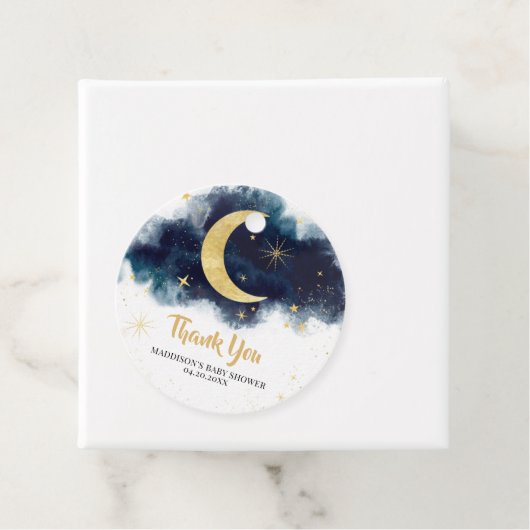 Über dem Mond Gold Stars Blue Baby Dusche Runde Geschenkanhänger (Beispiel)