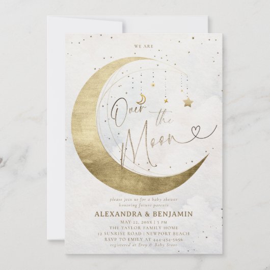 Über dem Mond Gold White Sky Babydusche Einladung (Vorderseite)