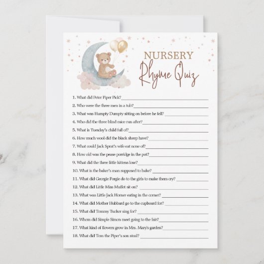 Über dem Mond Kinderzimmer Rhyme Quiz Game Card Einladung (Vorderseite)