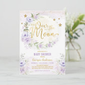 Über dem Mond | Lavender Gold Girl Baby Dusche Einladung (Stehend Vorderseite)