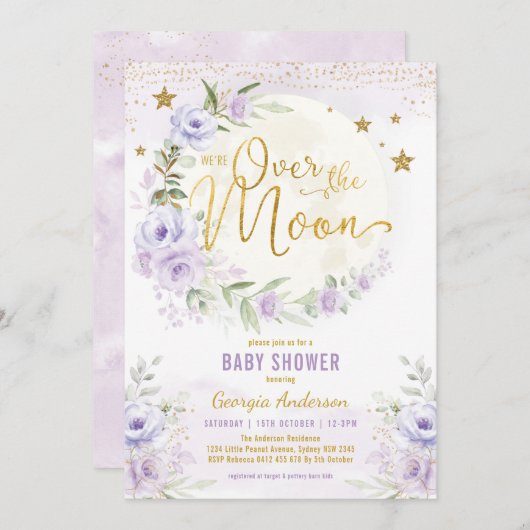 Über dem Mond | Lavender Gold Girl Baby Dusche Einladung (Vorne/Hinten)