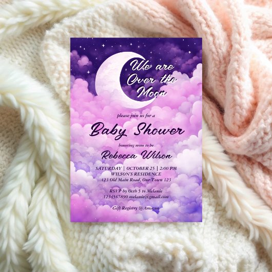 Über dem Mond lila rosa Babydusche Einladung