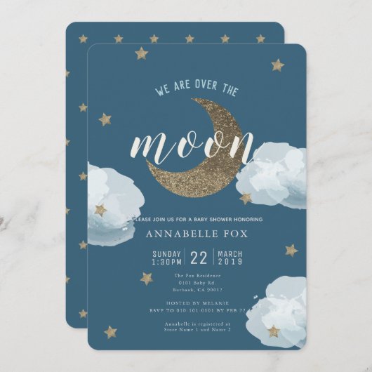 Über dem Mond Midnight Blue Baby Dusche Einladung (Vorne/Hinten)