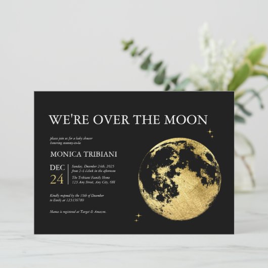 Über dem Mond Minimalistisch Dreamy Gold Babydusch Einladung (Stehend Vorderseite)