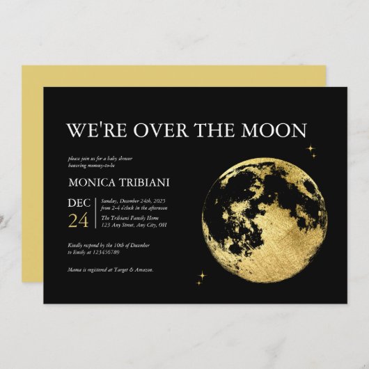 Über dem Mond Minimalistisch Dreamy Gold Babydusch Einladung (Vorne/Hinten)