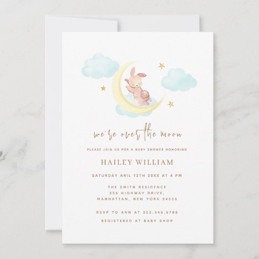 Über dem Mond Minimalistische kleine, sonnige Baby Einladung (Vorderseite)