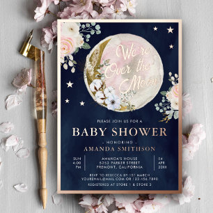 Über dem Mond Navy Blue Baby Dusche Rosa Rose Gold Folieneinladung