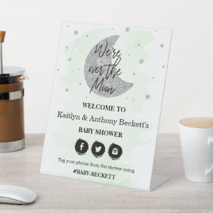 Über dem Mond Neutrale Babydusche Begrüßung Sockelschild