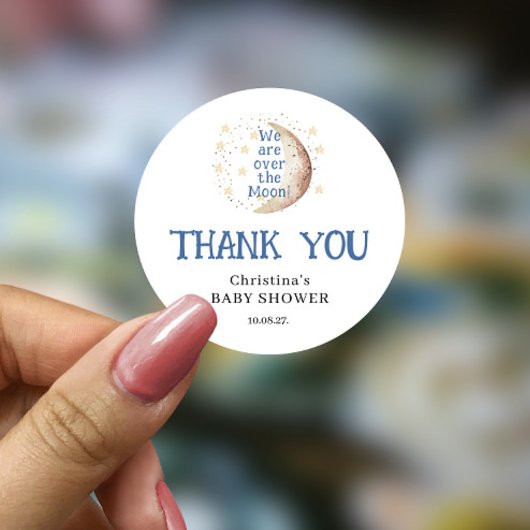 Über dem Mond Niedlich Blue Boy Babydusche Runder Aufkleber