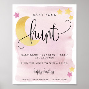 Über dem Mond Pink Baby Shower Baby Sock Hunt Game Poster
