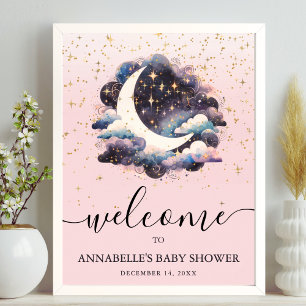 Über dem Mond Pink Girl Babydusche Begrüßungszeich Poster