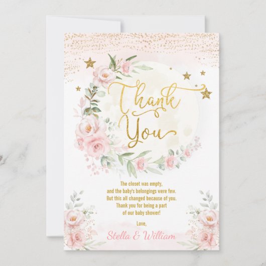 Über dem Mond Pink Gold Floral Stars Baby Dusche Dankeskarte (Vorderseite)