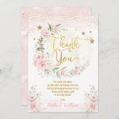 Über dem Mond Pink Gold Floral Stars Baby Dusche Dankeskarte (Vorne/Hinten)