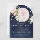Über dem Mond rosa Bläsernavy Blue Baby Dusche Einladung (Vorderseite)