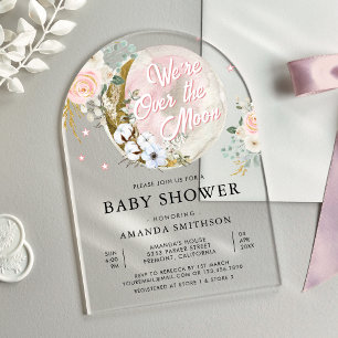 Über dem Mond Rosa Floraler Torbogen Babyparty Acryleinladungen