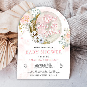 Über dem Mond Rosa Floraler Torbogen Babyparty Einladung