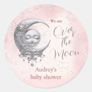 Über dem Mond, rosa Girl-Babydusche Runder Aufkleber