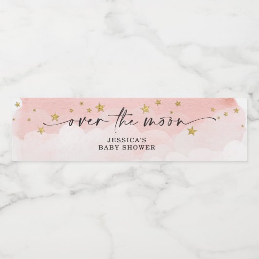 Über dem Mond, rosa Girl-Babydusche Wasserflaschenetikett (Einzelnes Label)