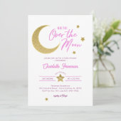 Über dem Mond Rosa & Gold Baby Girl Dusche Einladung (Stehend Vorderseite)