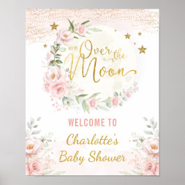 Über dem Mond Rosa Gold Floral Baby Dusche Willkom Poster