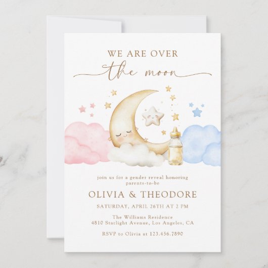 Über dem Mond - Rosa und Blaues Geschlecht offenba Einladung (Vorderseite)