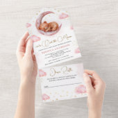 Über dem Mond schlafend Teddy Bear Pink Babydusche All In One Einladung (Abreißen)