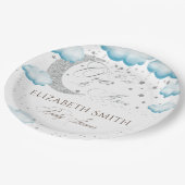 Über dem Mond Silver Blue Boy Baby Dusche Pappteller (Schrägansicht)