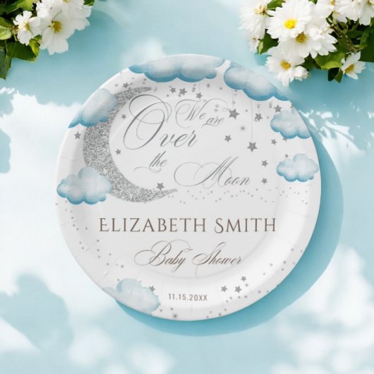 Über dem Mond Silver Blue Boy Baby Dusche Pappteller