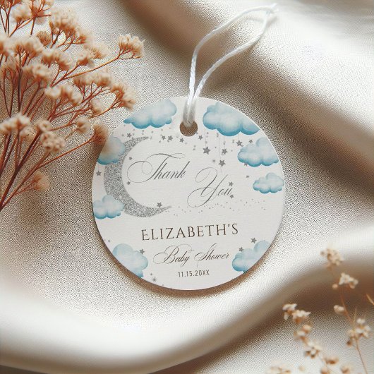 Über dem Mond Silver Blue Boy Baby Shower Glitzer Geschenkanhänger