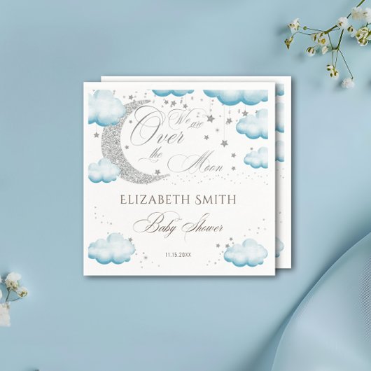 Über dem Mond Silver Blue Boy Baby Shower Glitzer Serviette