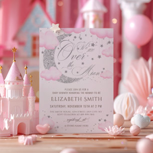 Über dem Mond Silver Pink Babydusche Einladung