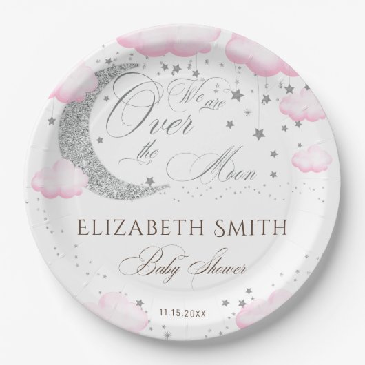 Über dem Mond Silver Pink Girl Babydusche Pappteller (Vorderseite)