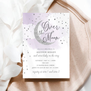 Über dem Mond Silver Stars Lila Babydusche Einladung