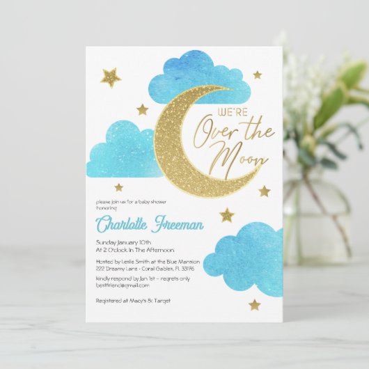 Über dem Mond Starry Night Baby Shower Einladung (Stehend Vorderseite)