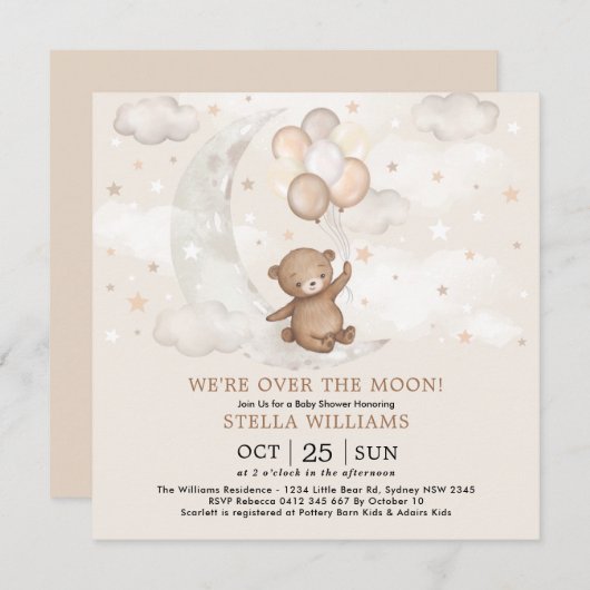 Über dem Mond Teddy Bären Balloons Babydusche Einladung (Vorne/Hinten)