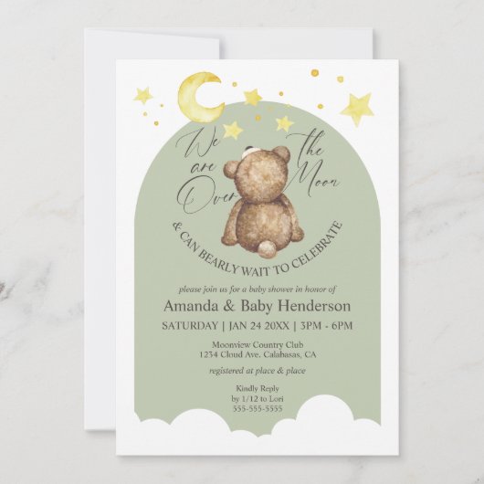 Über dem Mond Teddy Bärensage Green Baby Dusche Einladung (Vorderseite)