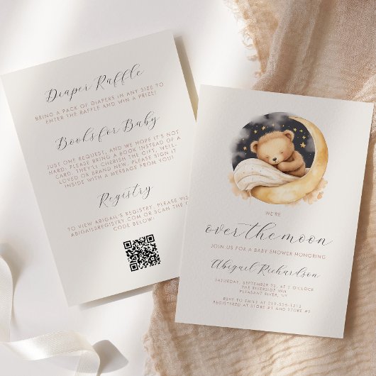Über dem Mond Teddy Bear Boho QR Code Babydusche Einladung