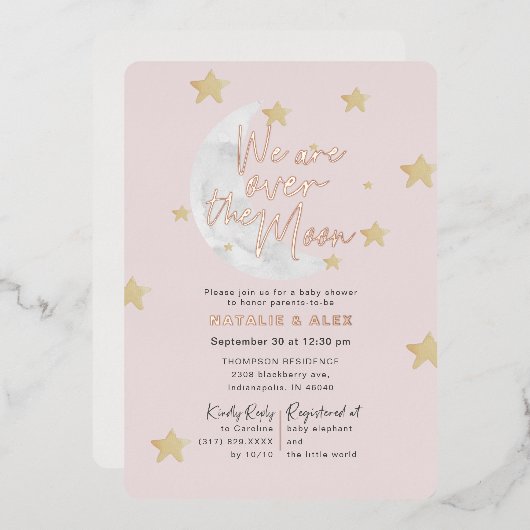 Über dem Mond und den Sternen Girl Shower Foil Folieneinladung (Vorderseite/Rückseite)