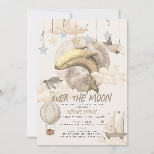 Über dem Mond Whale Boho Babydusche Einladung (Vorderseite)