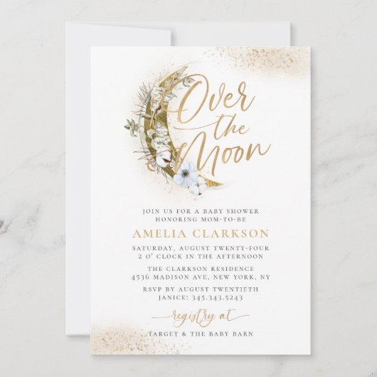 Über dem Moon Boho Gold Dust & Clouds Babydusche Einladung (Vorderseite)