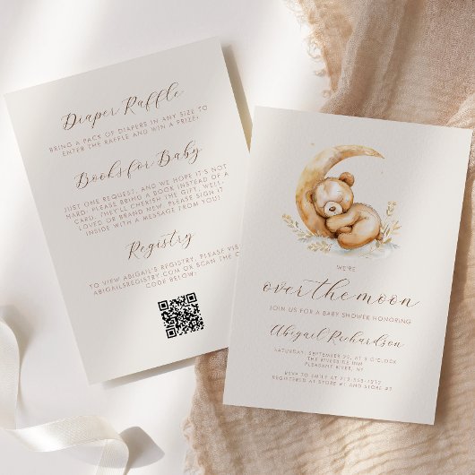 Über dem Moon Boho Teddy Bären QR Code Babydusche Einladung