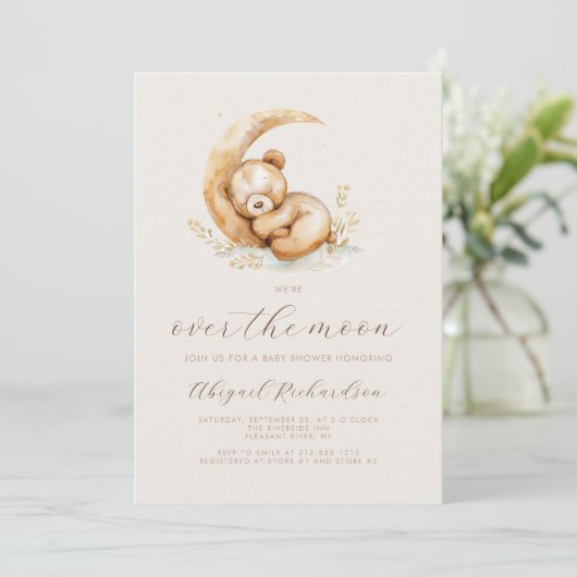 Über dem Moon Boho Teddy Bären QR Code Babydusche Einladung (Stehend Vorderseite)