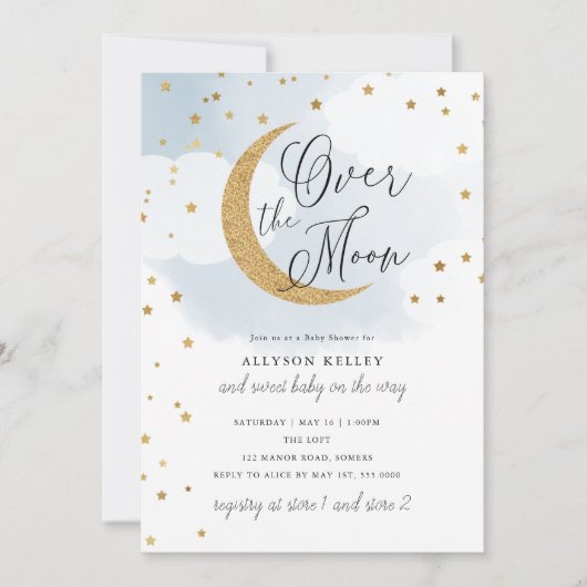 Über dem Moon Gold Stars Blue Baby Dusche Einladung (Vorderseite)