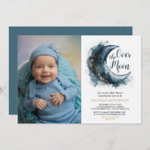 Über dem Moon Gold Stars Blue Baby Dusche Einladung (Vorne/Hinten)