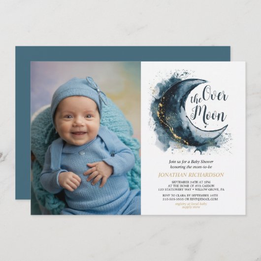 Über dem Moon Gold Stars Blue Baby Dusche Einladung (Vorne/Hinten)