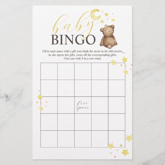 Über dem Moon Teddy Bear BINGO Baby Shower Game Flyer (Vorne)