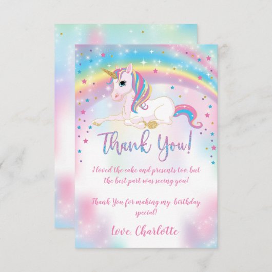 Über dem Rainbow Birthday Party Unicorn Dankeskarte (Vorne/Hinten)